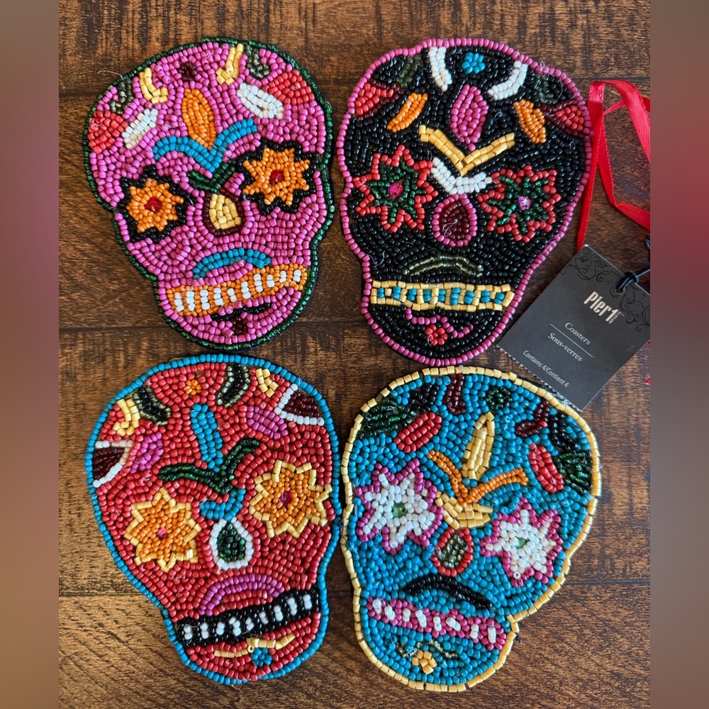 RARE NWT! Pier One Sugar Skull Day of the Dead Handmade Beaded Coasters Set of 4